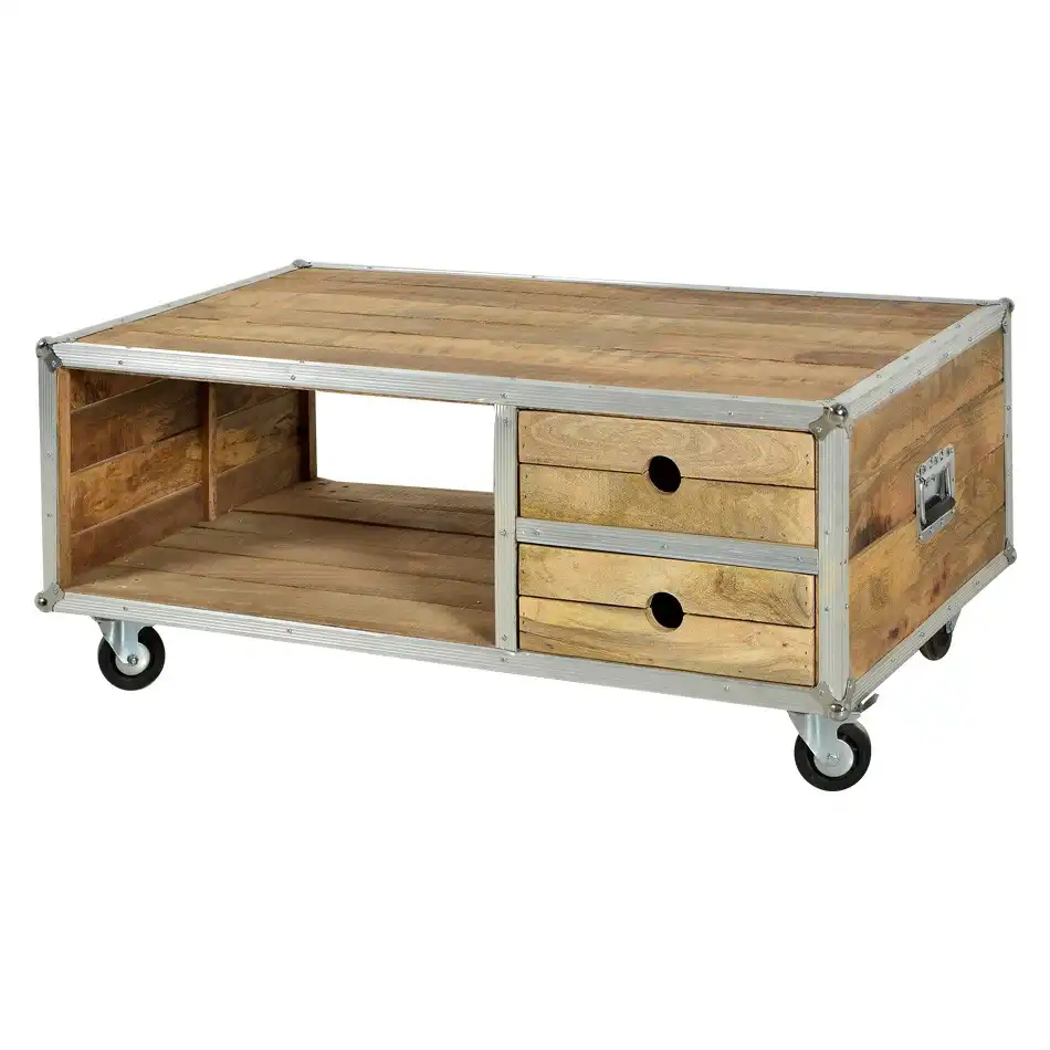 Roadie Chic Reclaimed Open Coffee Table with 2 Drawers on Wheels - popular handicrafts
